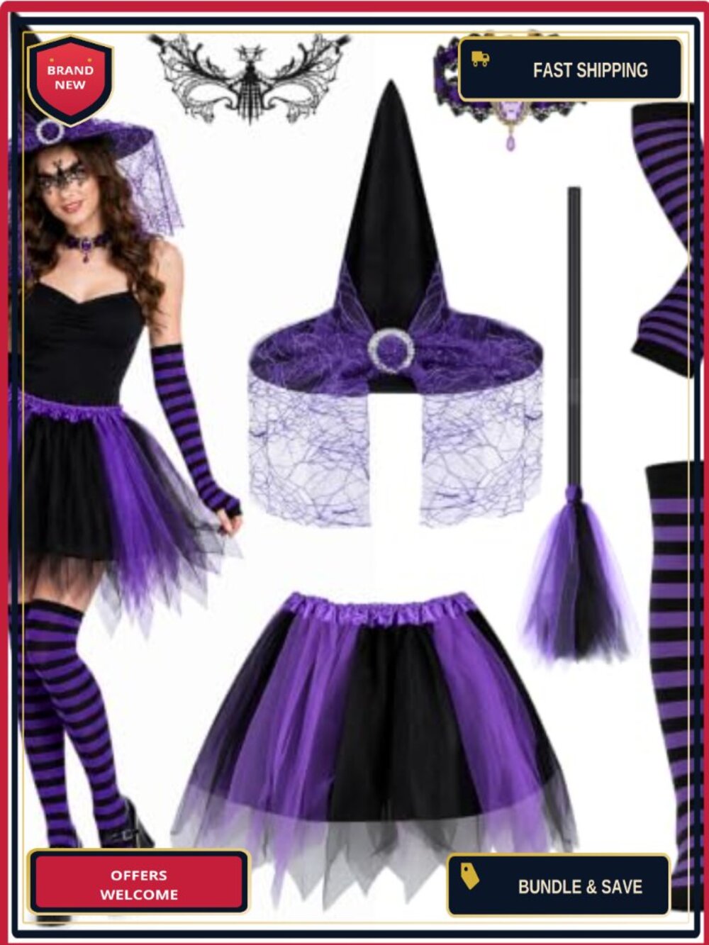Witch Costume Set Gothic Tutu Skirt Hat Choker Socks Cosplay